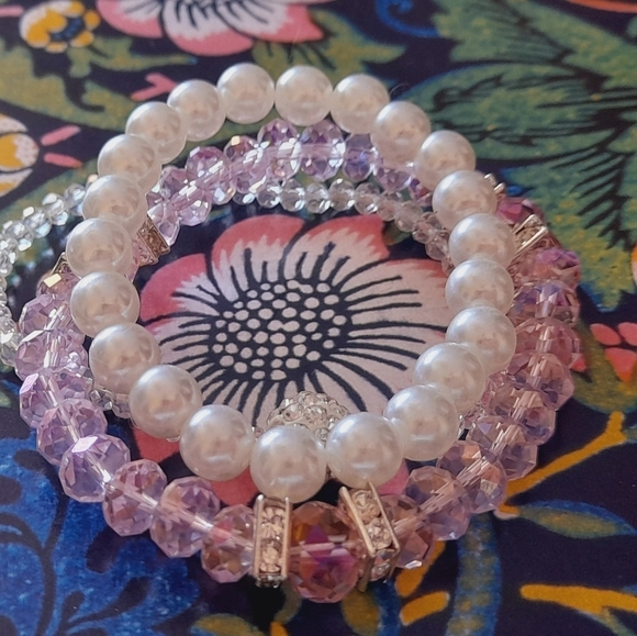 Set Of 3 Bracelts , Pearl, Crystal, - Picture 2 of 11